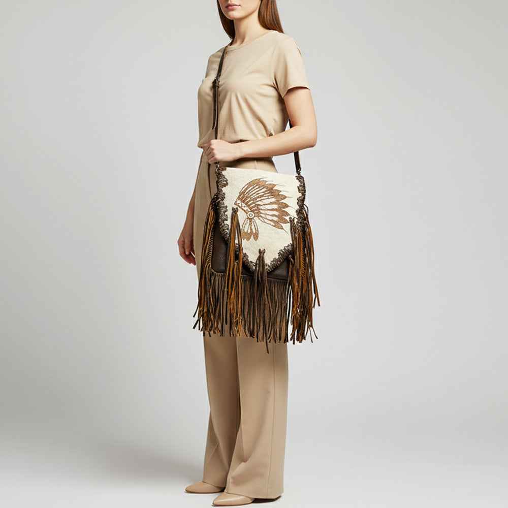 ADBGM416 Engraved Designed Hair-On Fringe Messenger Bag with Braided Trim - American Darling