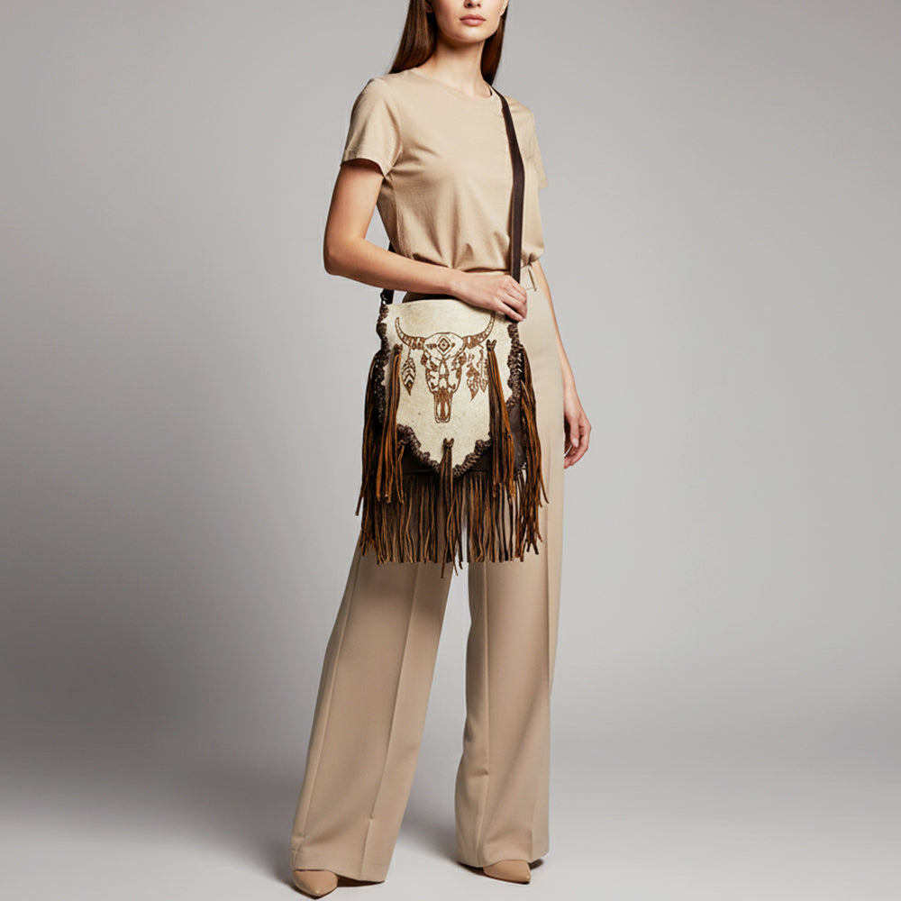 ADBGM416 Engraved Designed Hair-On Fringe Messenger Bag with Braided Trim - American Darling