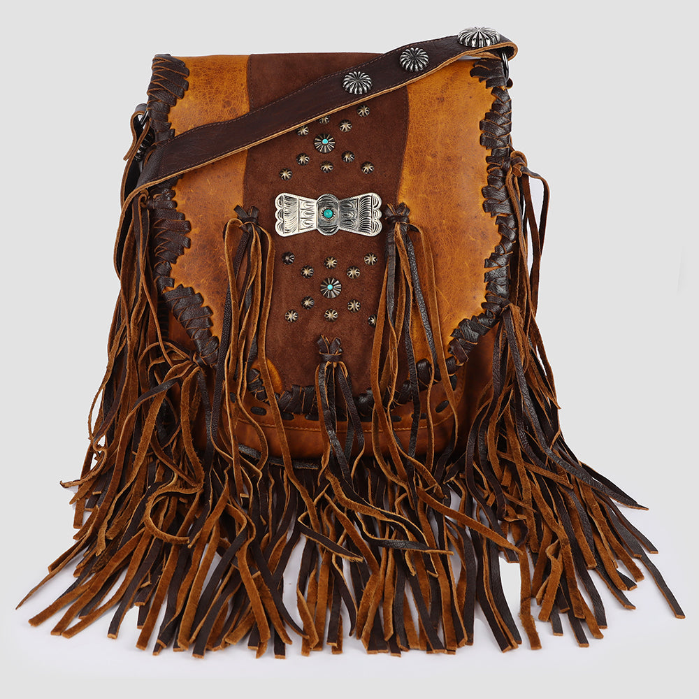 ADBGM418 Western Leather Fringe Messenger Bag with Turquoise Conchos & Braided Trim - American Darling