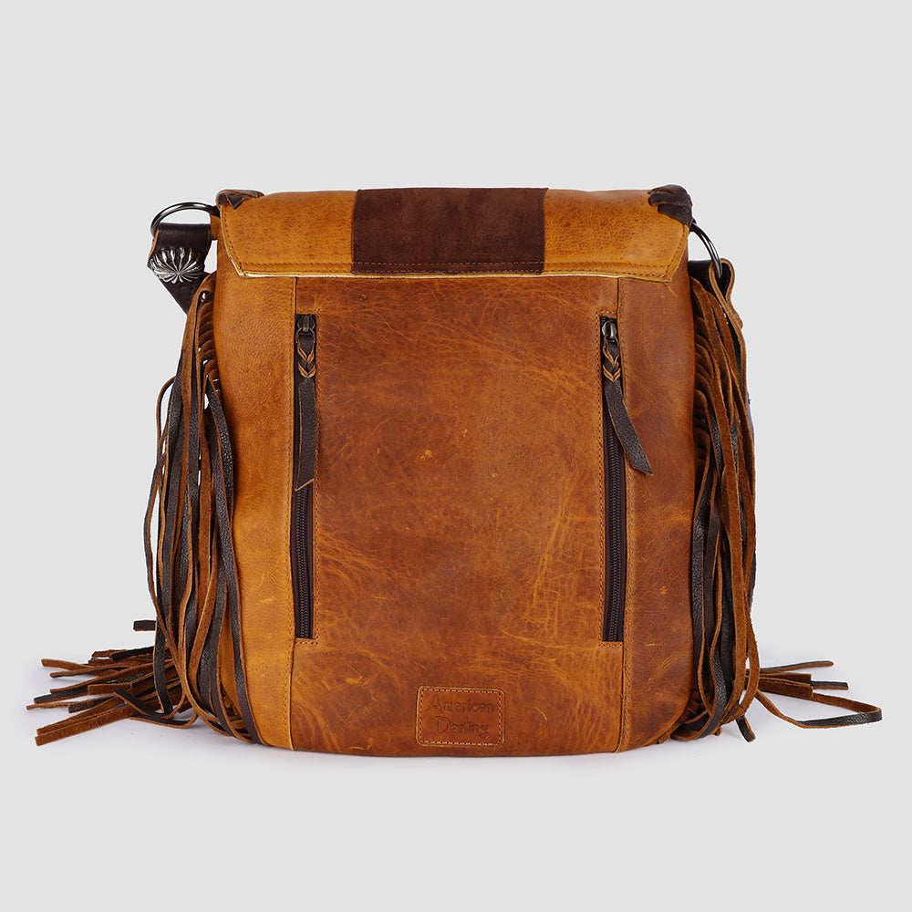 ADBGM418 Western Leather Fringe Messenger Bag with Turquoise Conchos & Braided Trim - American Darling