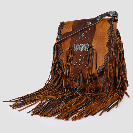 ADBGM418 Western Leather Fringe Messenger Bag with Turquoise Conchos & Braided Trim - American Darling