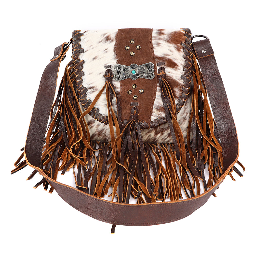 ADBGM419 Cowhide Leather Fringe Messenger Bag with Turquoise Concho & Braided Trim - American Darling