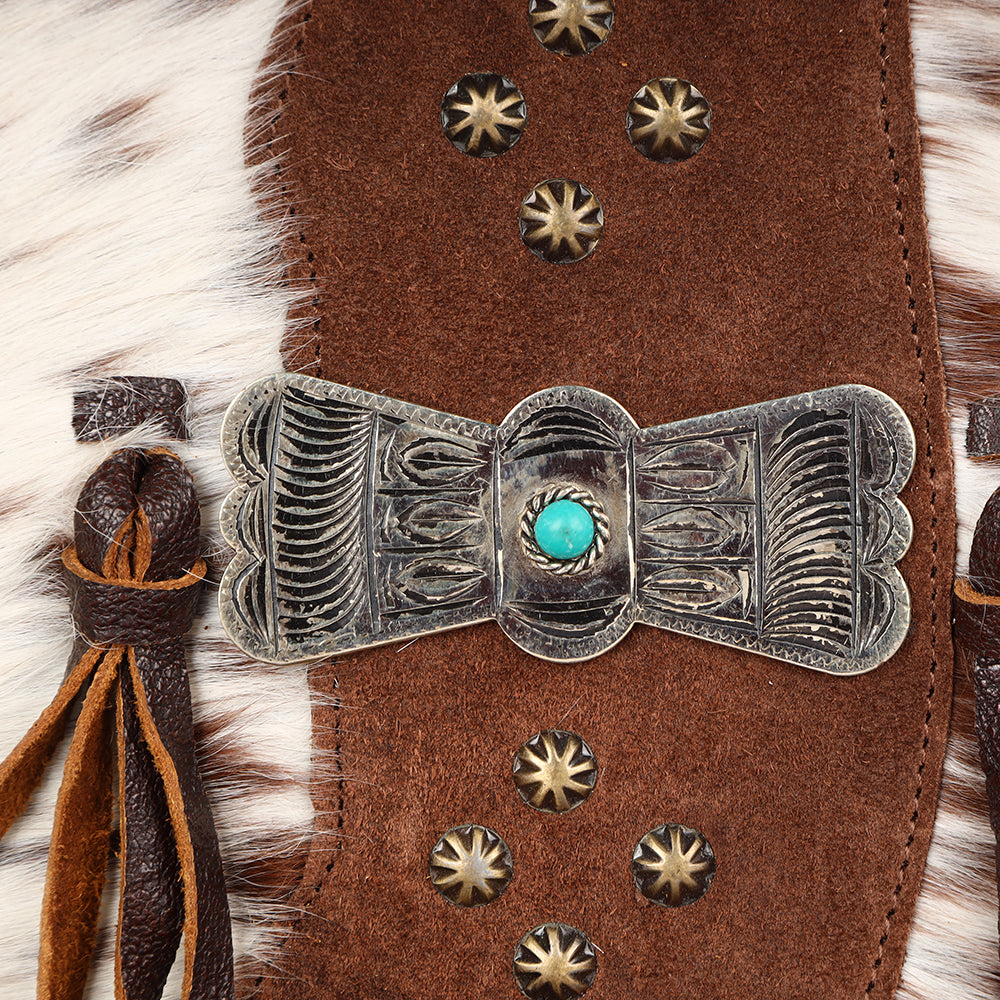 ADBGM419 Cowhide Leather Fringe Messenger Bag with Turquoise Concho & Braided Trim - American Darling