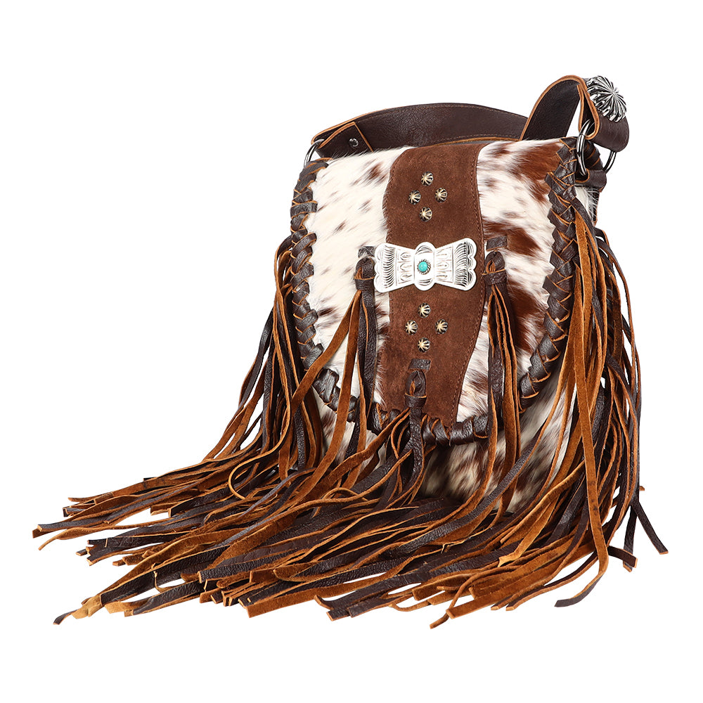 ADBGM419 Cowhide Leather Fringe Messenger Bag with Turquoise Concho & Braided Trim - American Darling