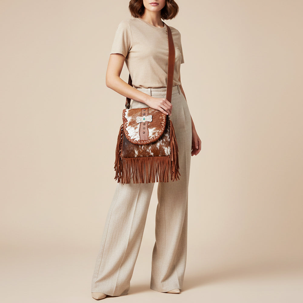 ADBGM420 Speckled Cowhide Leather Fringe Messenger Bag with Turquoise Concho - American Darling