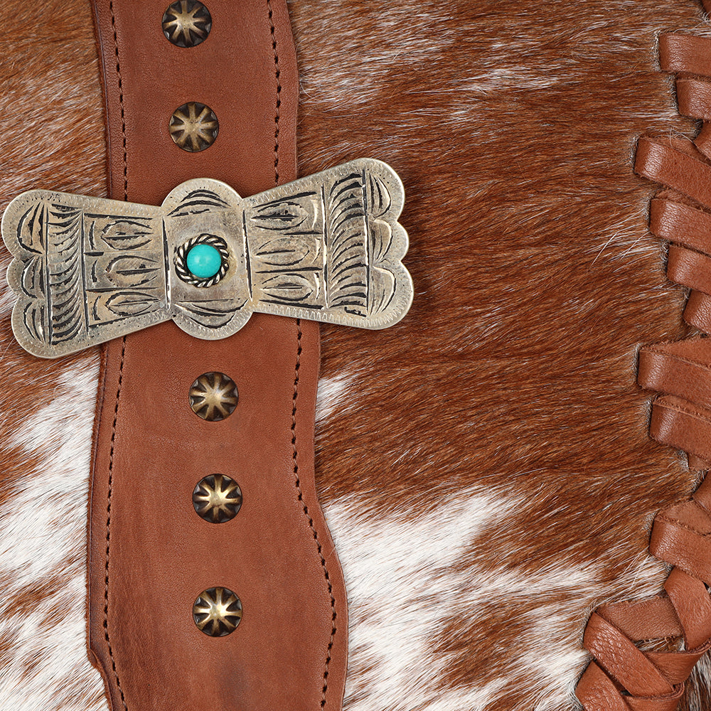 ADBGM420 Speckled Cowhide Leather Fringe Messenger Bag with Turquoise Concho - American Darling