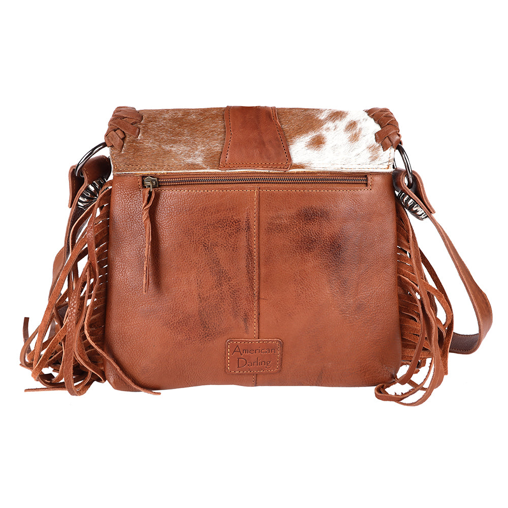 ADBGM420 Speckled Cowhide Leather Fringe Messenger Bag with Turquoise Concho - American Darling
