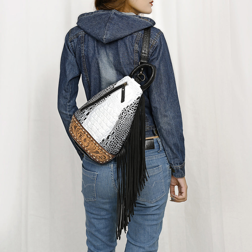 ADBG1482 American Darling Crocodile Embossed Sling Bag - Hand-Tooled Leather Fringe Bag