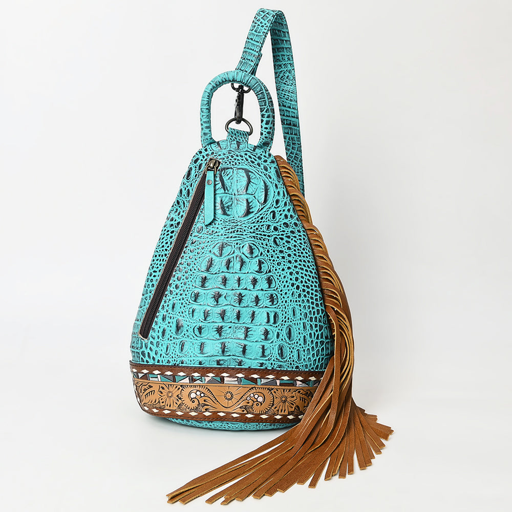 ADBG1482 American Darling Crocodile Embossed Sling Bag - Hand-Tooled Leather Fringe Bag
