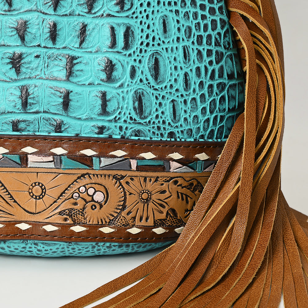 ADBG1482 American Darling Crocodile Embossed Sling Bag - Hand-Tooled Leather Fringe Bag