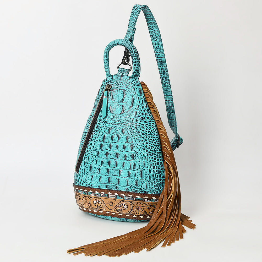 ADBG1482 American Darling Crocodile Embossed Sling Bag - Hand-Tooled Leather Fringe Bag