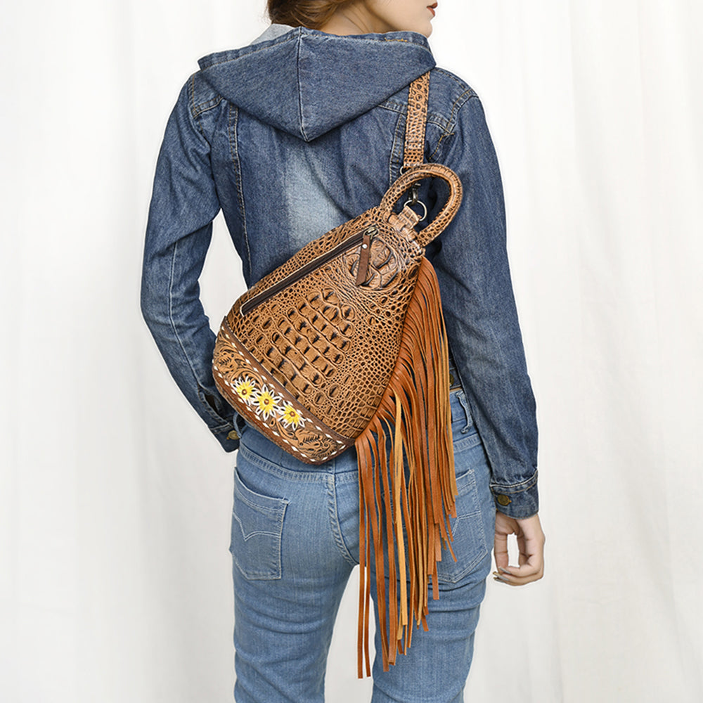 ADBG1482 American Darling Crocodile Embossed Sling Bag - Hand-Tooled Leather Fringe Bag