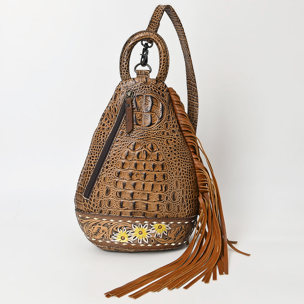 ADBG1482 American Darling Crocodile Embossed Sling Bag - Hand-Tooled Leather Fringe Bag