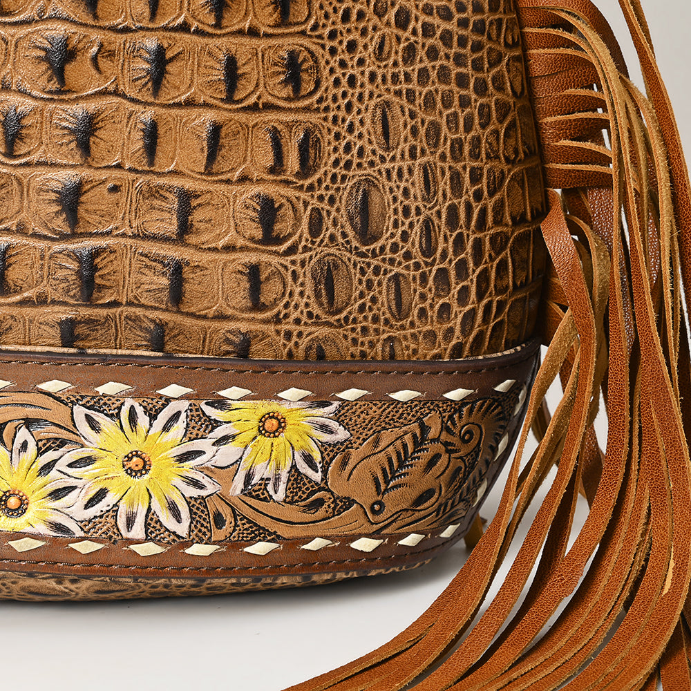 ADBG1482 American Darling Crocodile Embossed Sling Bag - Hand-Tooled Leather Fringe Bag