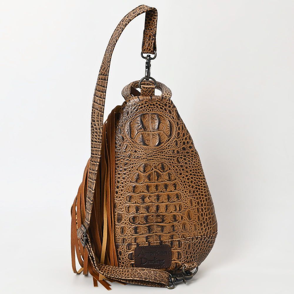 ADBG1482 American Darling Crocodile Embossed Sling Bag - Hand-Tooled Leather Fringe Bag