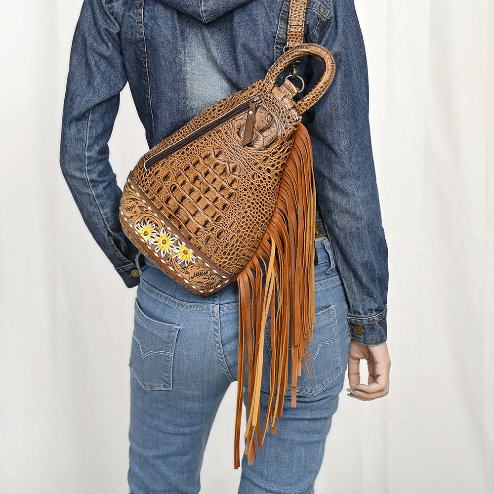 ADBG1482 American Darling Crocodile Embossed Sling Bag - Hand-Tooled Leather Fringe Bag