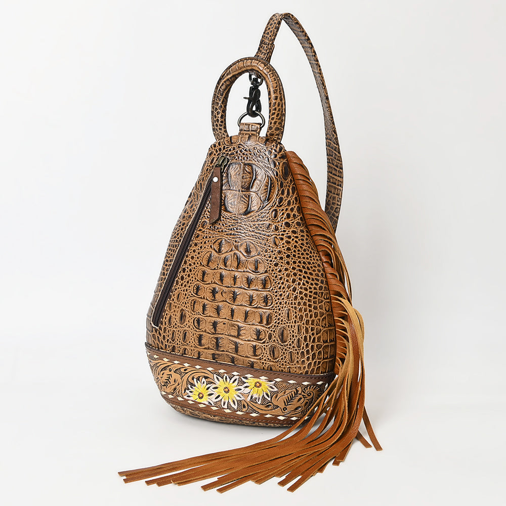ADBG1482 American Darling Crocodile Embossed Sling Bag - Hand-Tooled Leather Fringe Bag