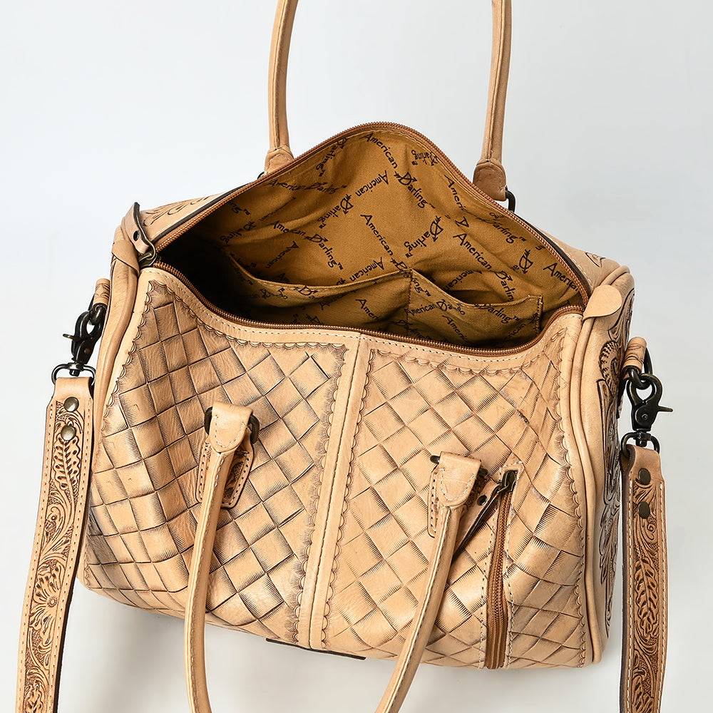 ADBG1483 American Darling Hand-Tooled Leather Duffel Bag | Floral Carved Travel Carryall
