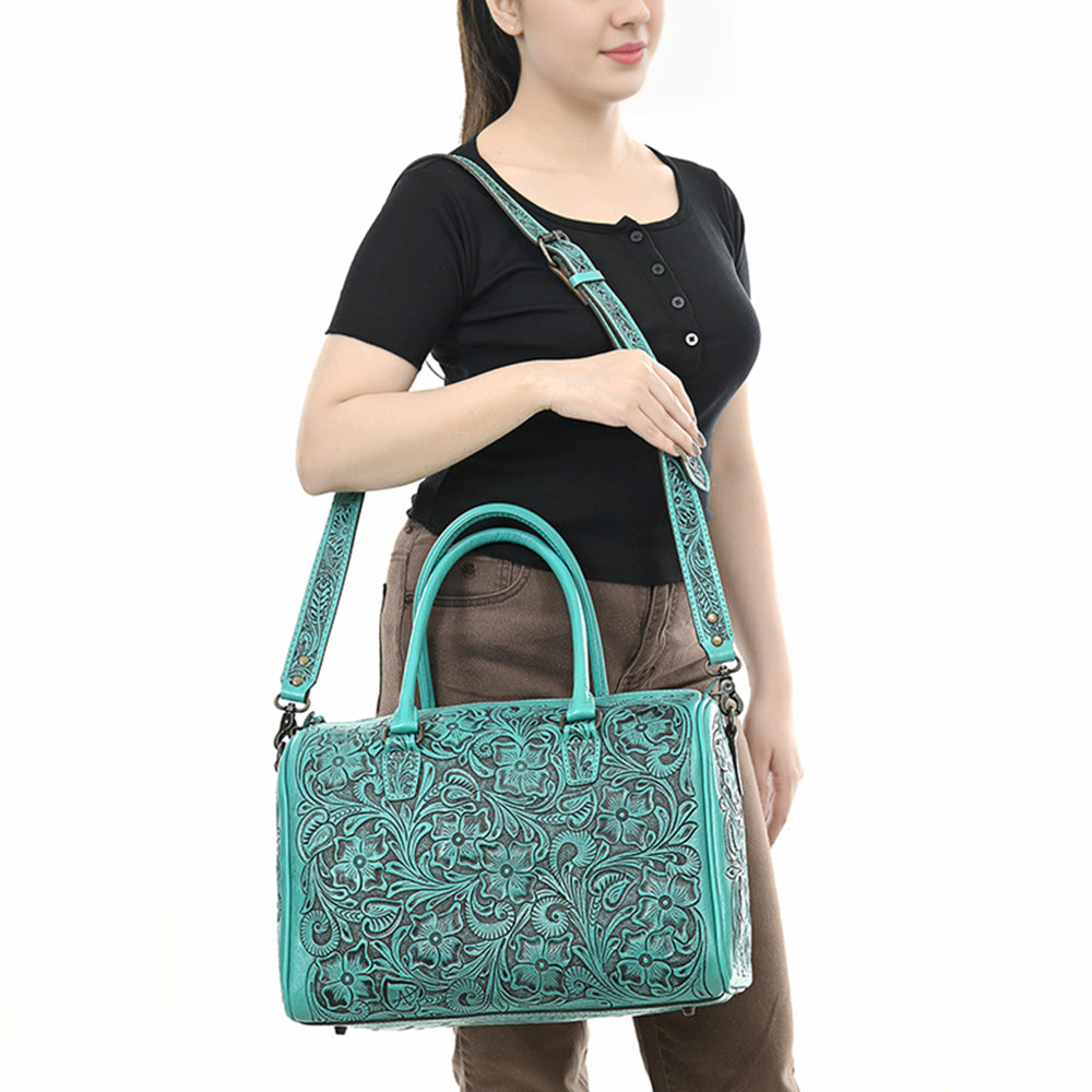 ADBG1483 American Darling Hand-Tooled Leather Duffel Bag - Floral Carved Travel Carryall