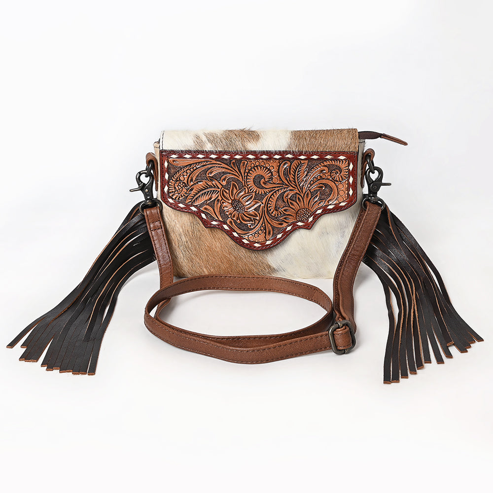 ADBG1050 American Darling Hair-on Cowhide Leather Crossbody Bag Floral Tooling & Fringes Western Handbag