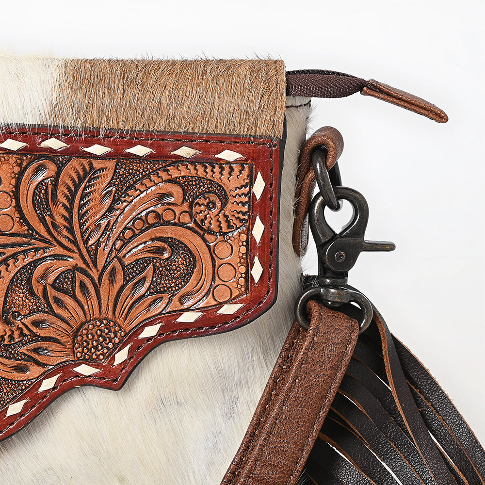 ADBG1050 American Darling Hair-on Cowhide Leather Crossbody Bag Floral Tooling & Fringes Western Handbag