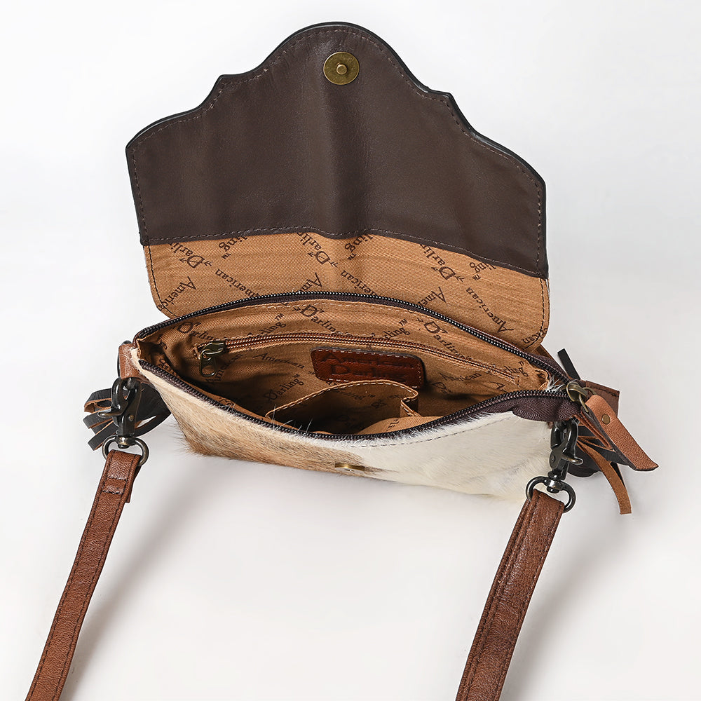 ADBG1050 American Darling Hair-on Cowhide Leather Crossbody Bag Floral Tooling & Fringes Western Handbag