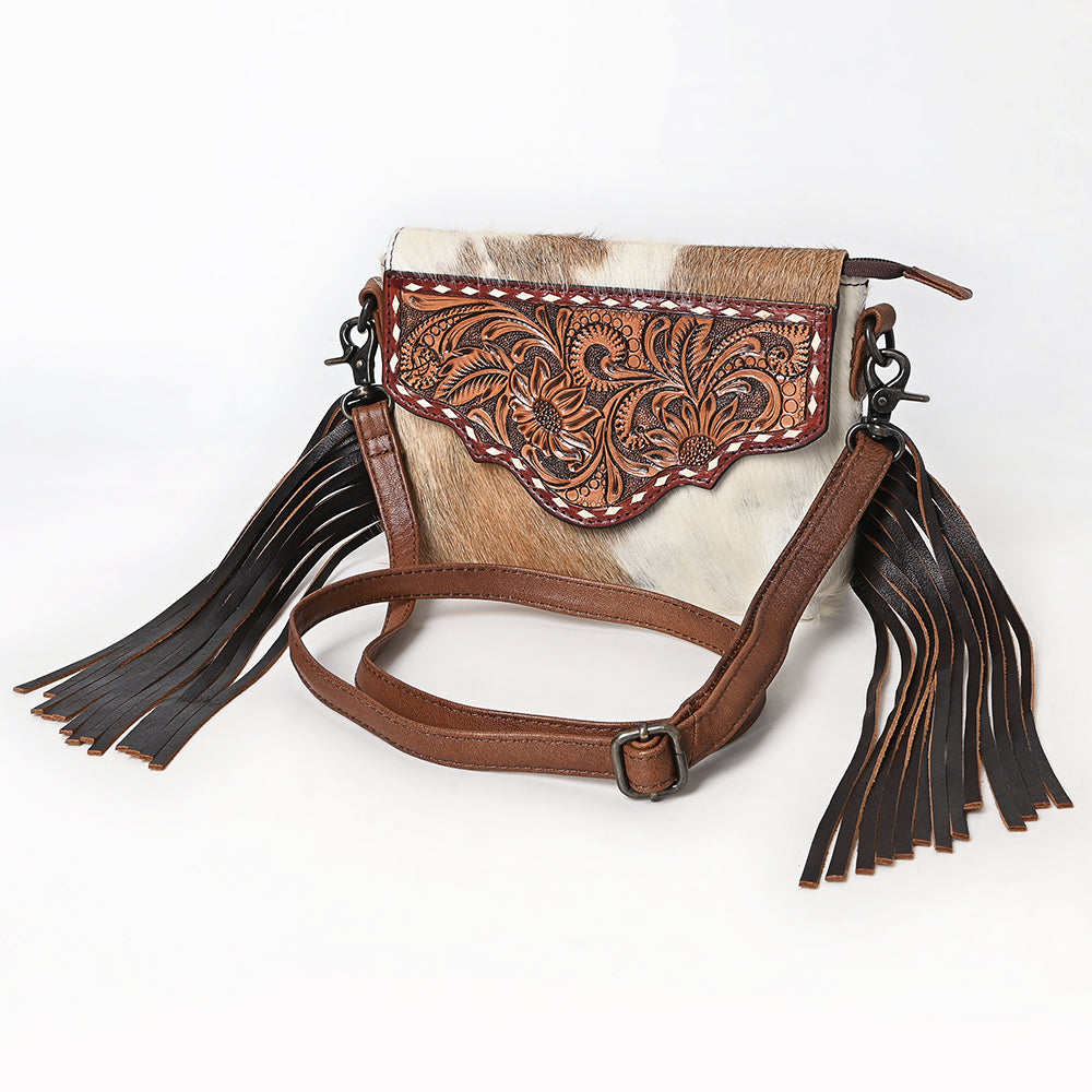 ADBG1050 American Darling Hair-on Cowhide Leather Crossbody Bag Floral Tooling & Fringes Western Handbag