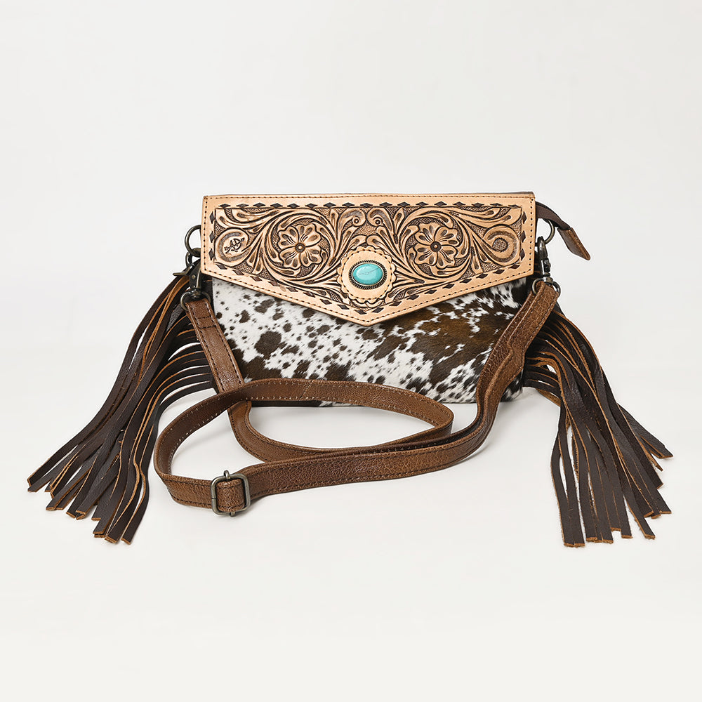 ADBG1484 American Darling Cowhide Hand-Tooled Envelop Bag - Fringe Crossbody Purse