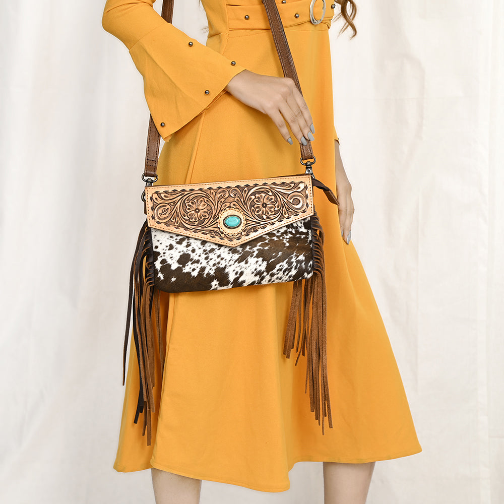 ADBG1484 American Darling Cowhide Hand-Tooled Envelop Bag - Fringe Crossbody Purse