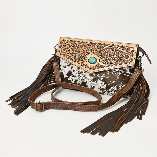 ADBG1484 American Darling Cowhide Hand-Tooled Envelop Bag - Fringe Crossbody Purse