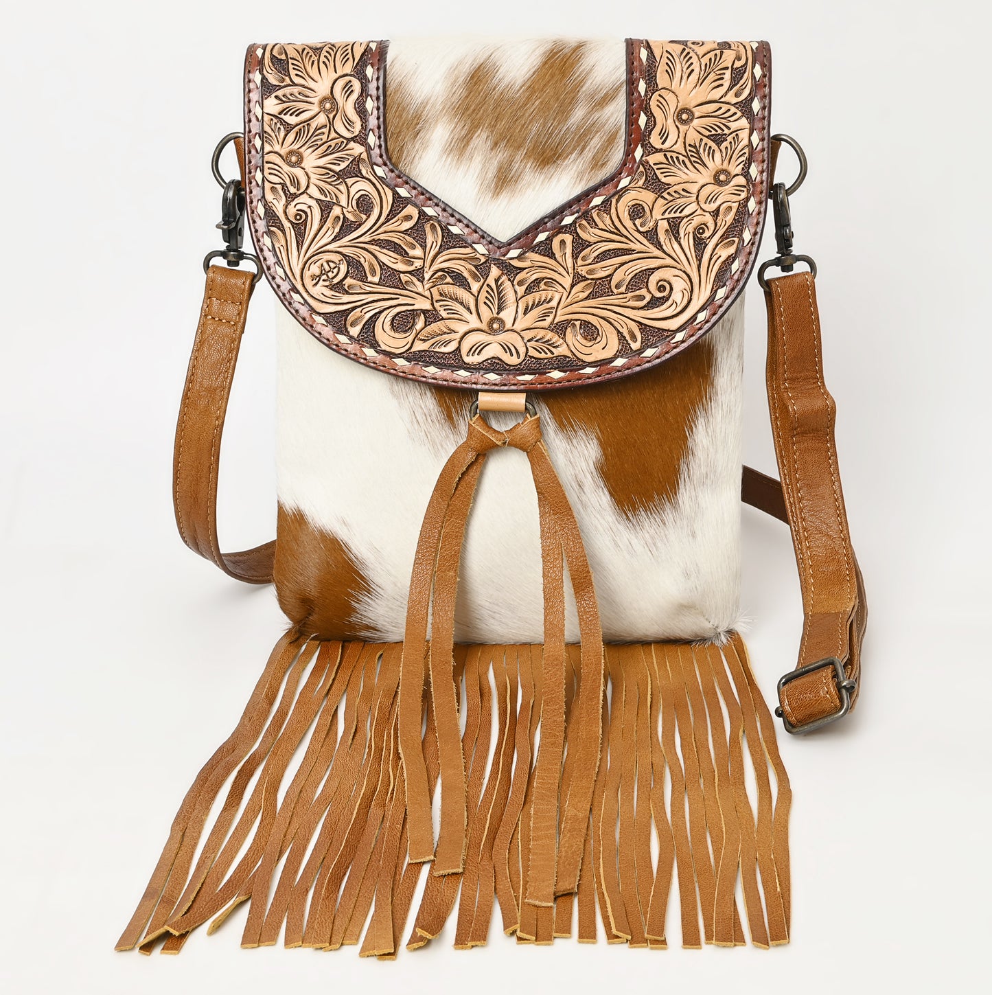 ADBG1486 American Darling Hair-On Cowhide & Hand-Tooled Crossbody Bag - Tassel Flap Purse