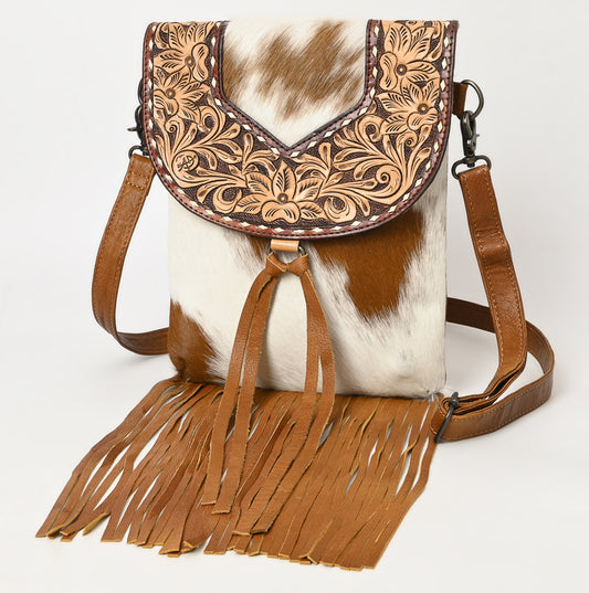 ADBG1486 American Darling Hair-On Cowhide & Hand-Tooled Crossbody Bag - Tassel Flap Purse
