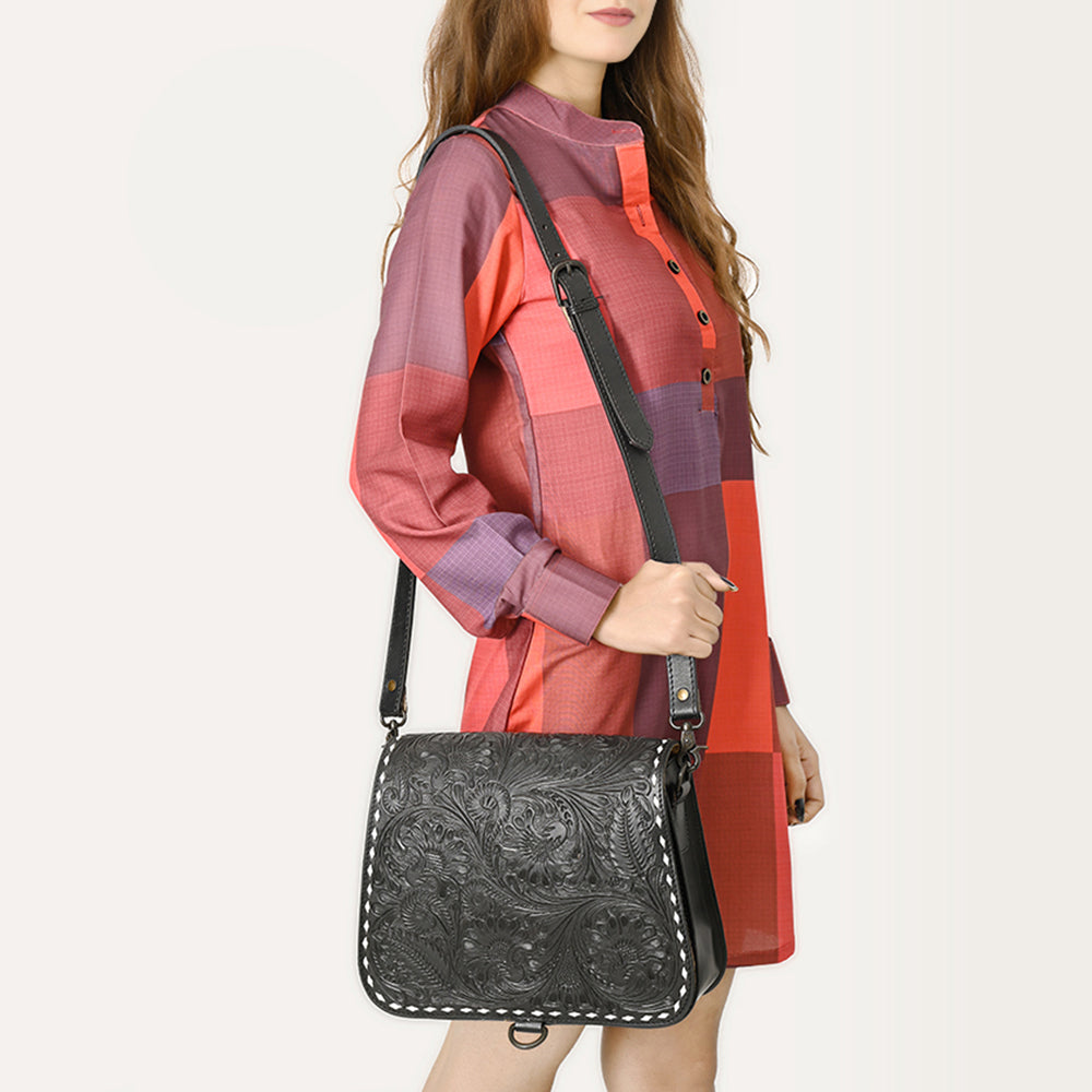 ADBGZ780A Black Hand-Tooled Leather Crossbody Bag - Western Floral Flap Purse