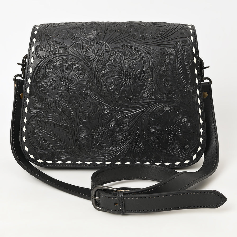 ADBGZ780A Black Hand-Tooled Leather Crossbody Bag - Western Floral Flap Purse