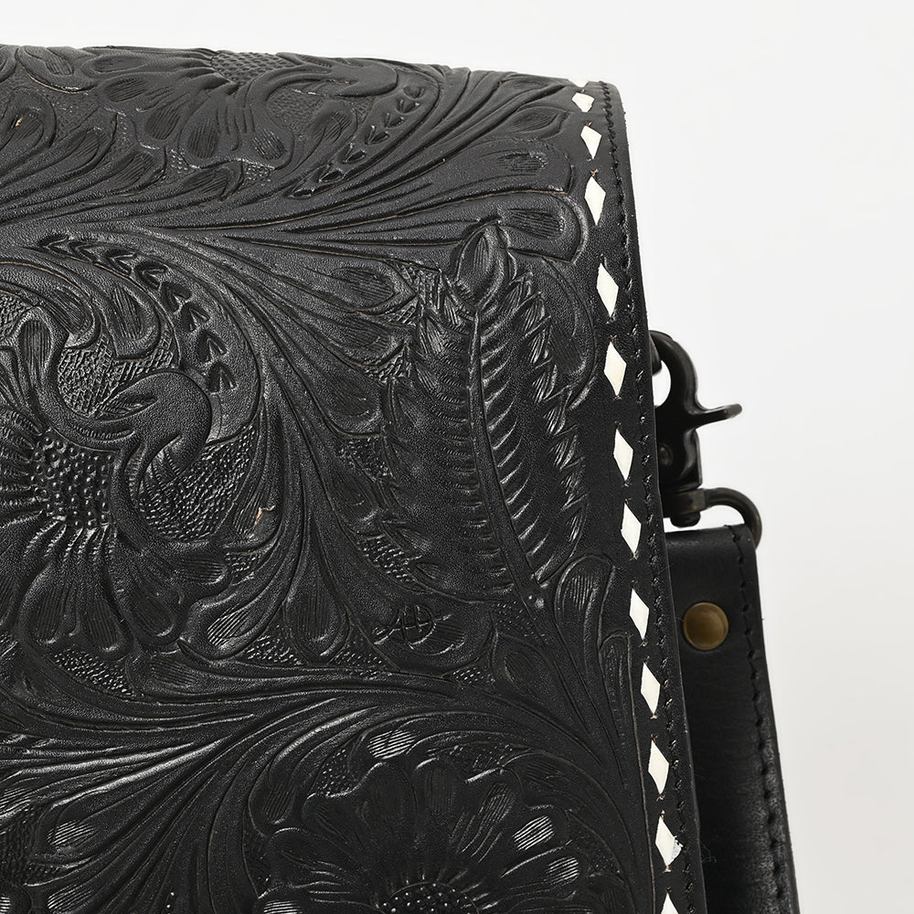 ADBGZ780A Black Hand-Tooled Leather Crossbody Bag - Western Floral Flap Purse