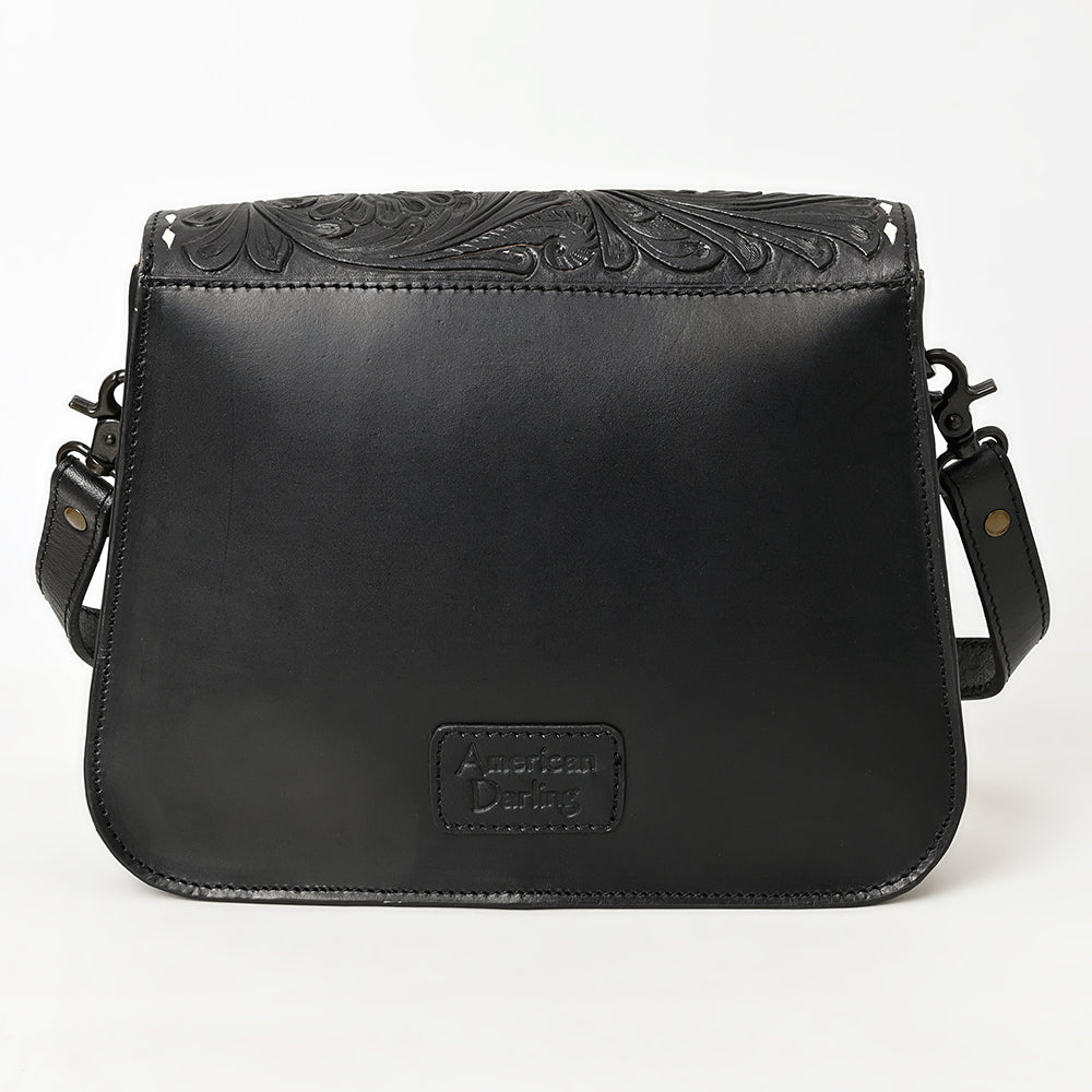 ADBGZ780A Black Hand-Tooled Leather Crossbody Bag - Western Floral Flap Purse