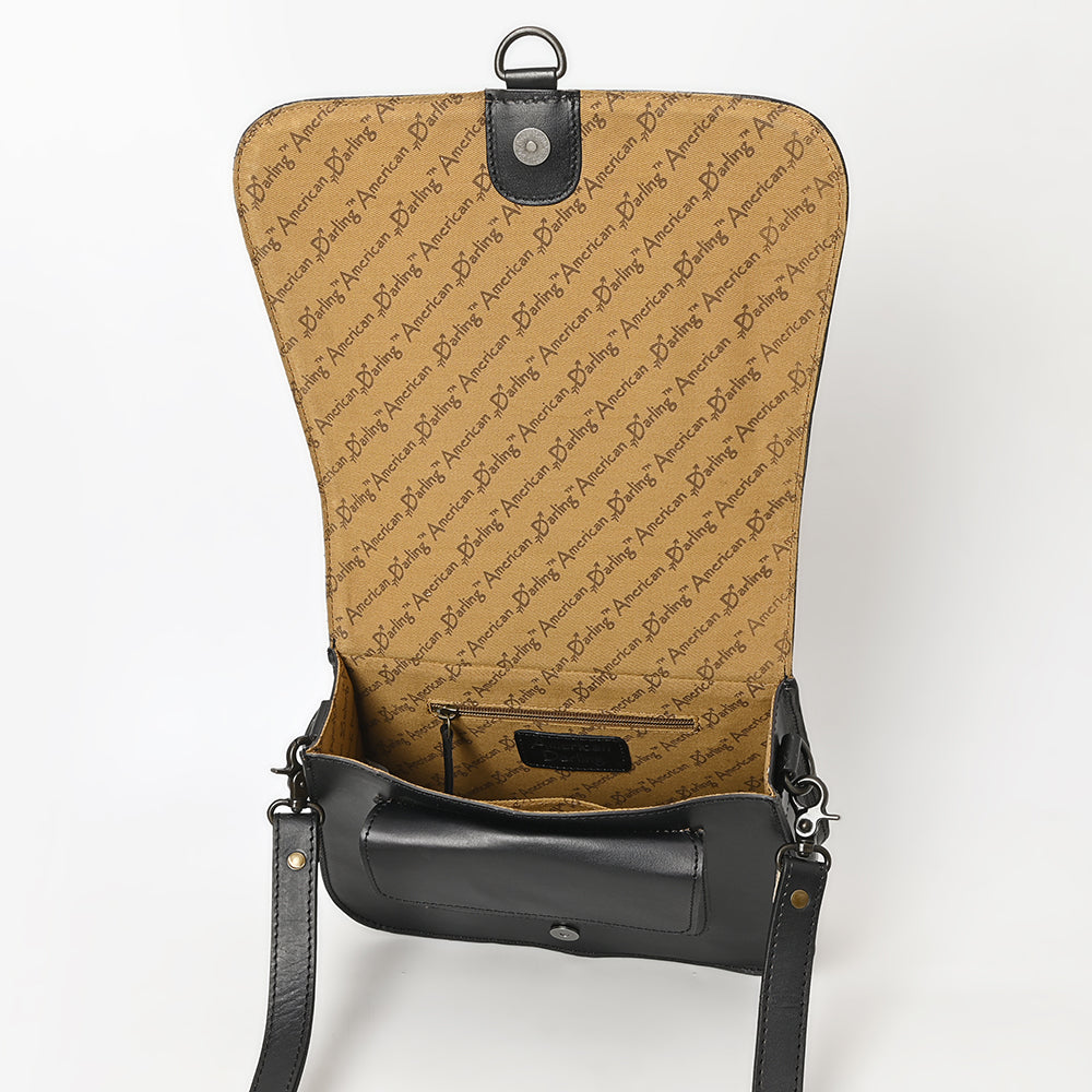 ADBGZ780A Black Hand-Tooled Leather Crossbody Bag - Western Floral Flap Purse