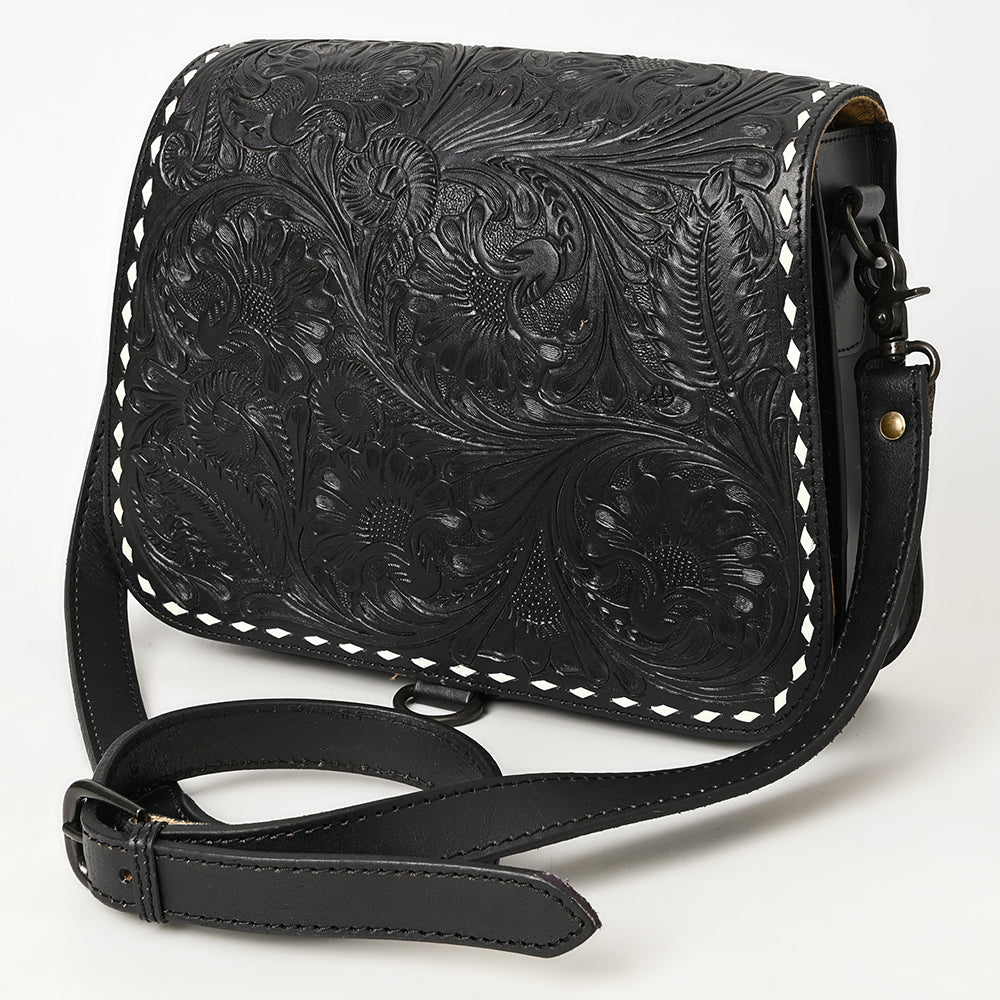 ADBGZ780A Black Hand-Tooled Leather Crossbody Bag - Western Floral Flap Purse