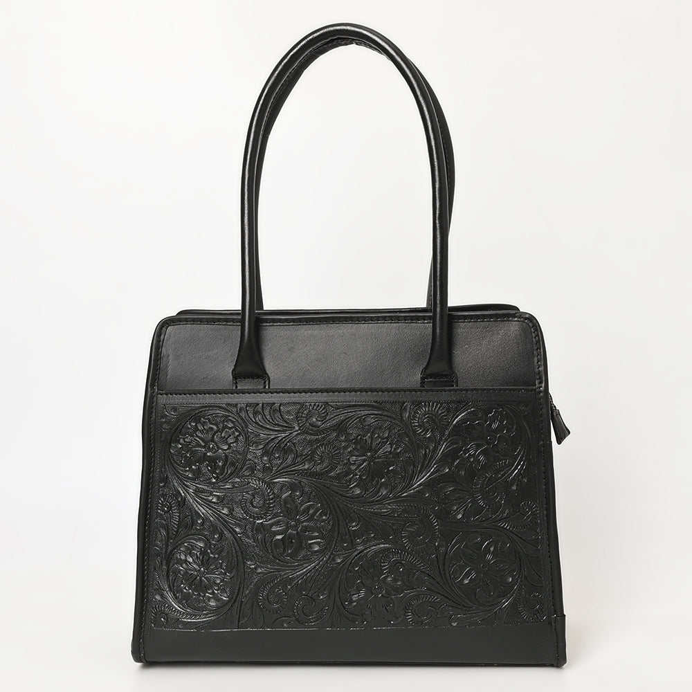 ADBGZ782A Structured Black Leather Tote Handbag - Hand-Tooled Floral Western Panel