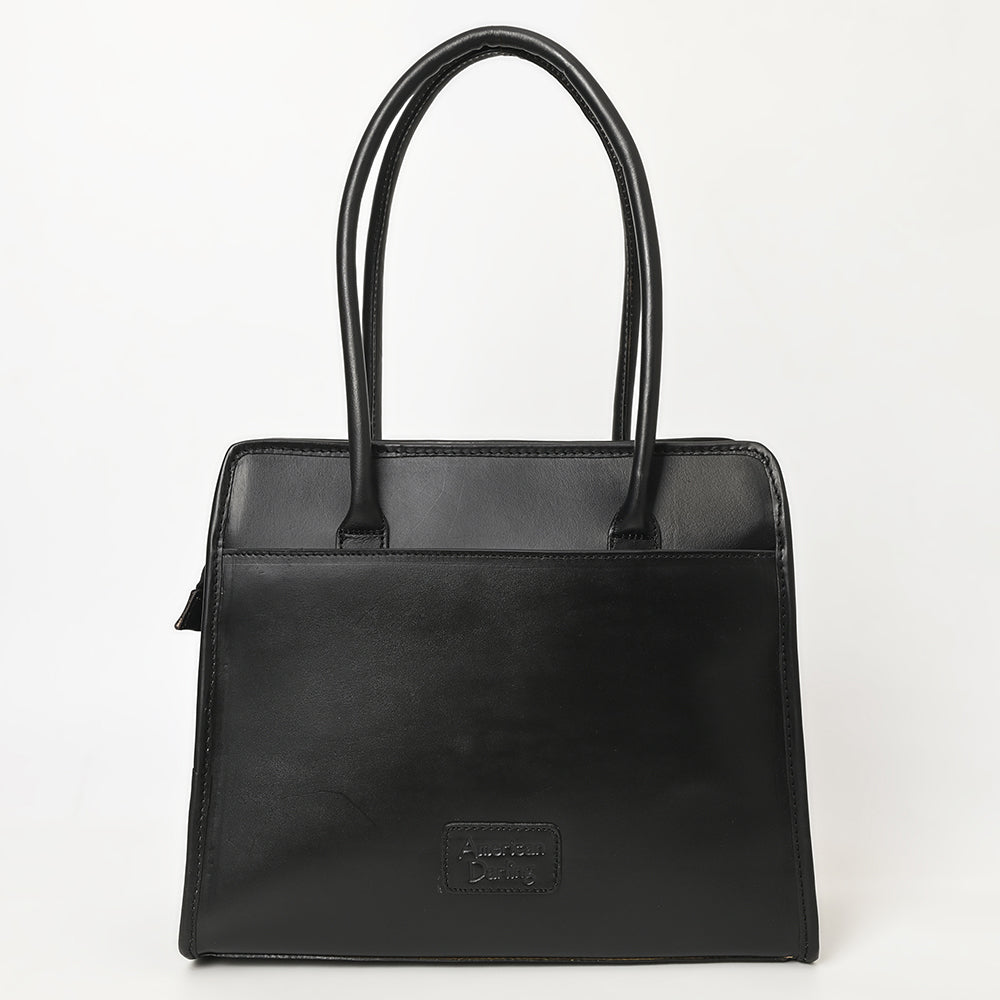 ADBGZ782A Structured Black Leather Tote Handbag - Hand-Tooled Floral Western Panel