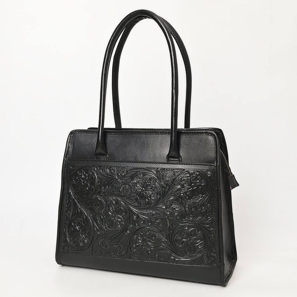ADBGZ782A Structured Black Leather Tote Handbag - Hand-Tooled Floral Western Panel