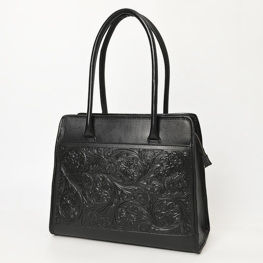 ADBGZ782A Structured Black Leather Tote Handbag - Hand-Tooled Floral Western Panel