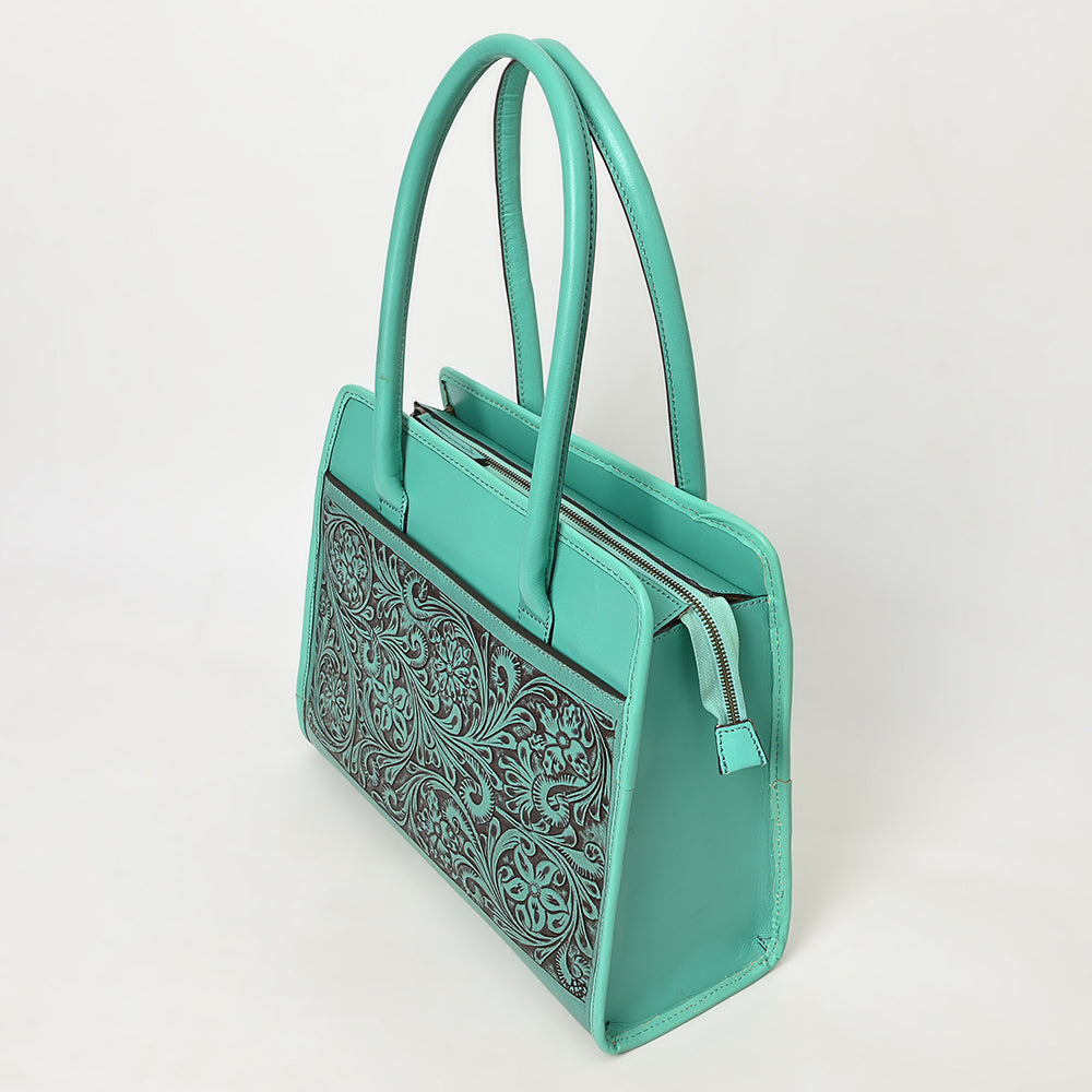 ADBGZ782 Structured Turquoise Leather Tote Handbag - Hand-Tooled Floral Western Panel