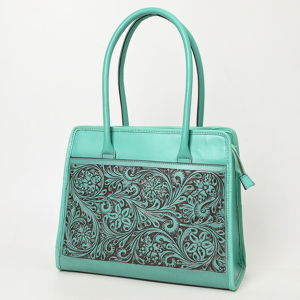 ADBGZ782 Structured Turquoise Leather Tote Handbag - Hand-Tooled Floral Western Panel