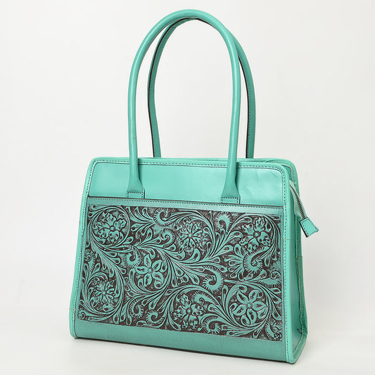 ADBGZ782 Structured Turquoise Leather Tote Handbag - Hand-Tooled Floral Western Panel