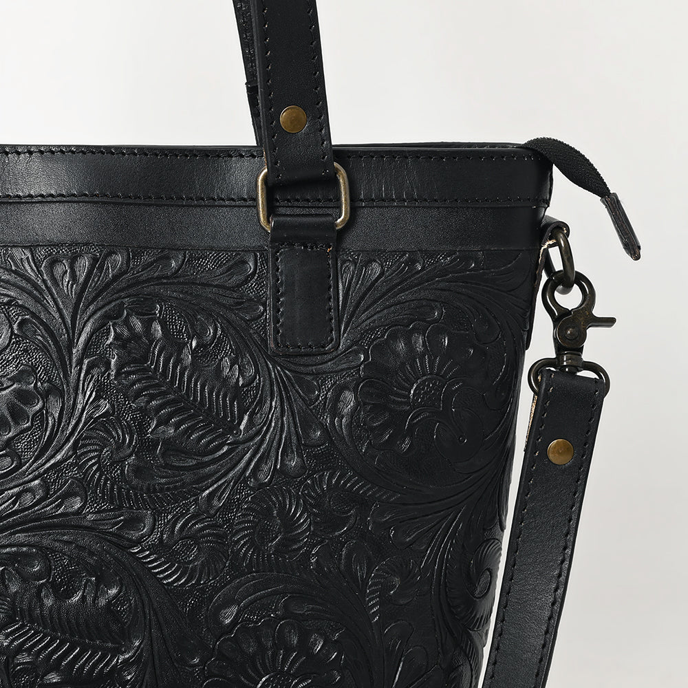 ADBGZ783A Hand-Tooled Black Leather Tote Bag - Western Floral Design with Detachable Strap