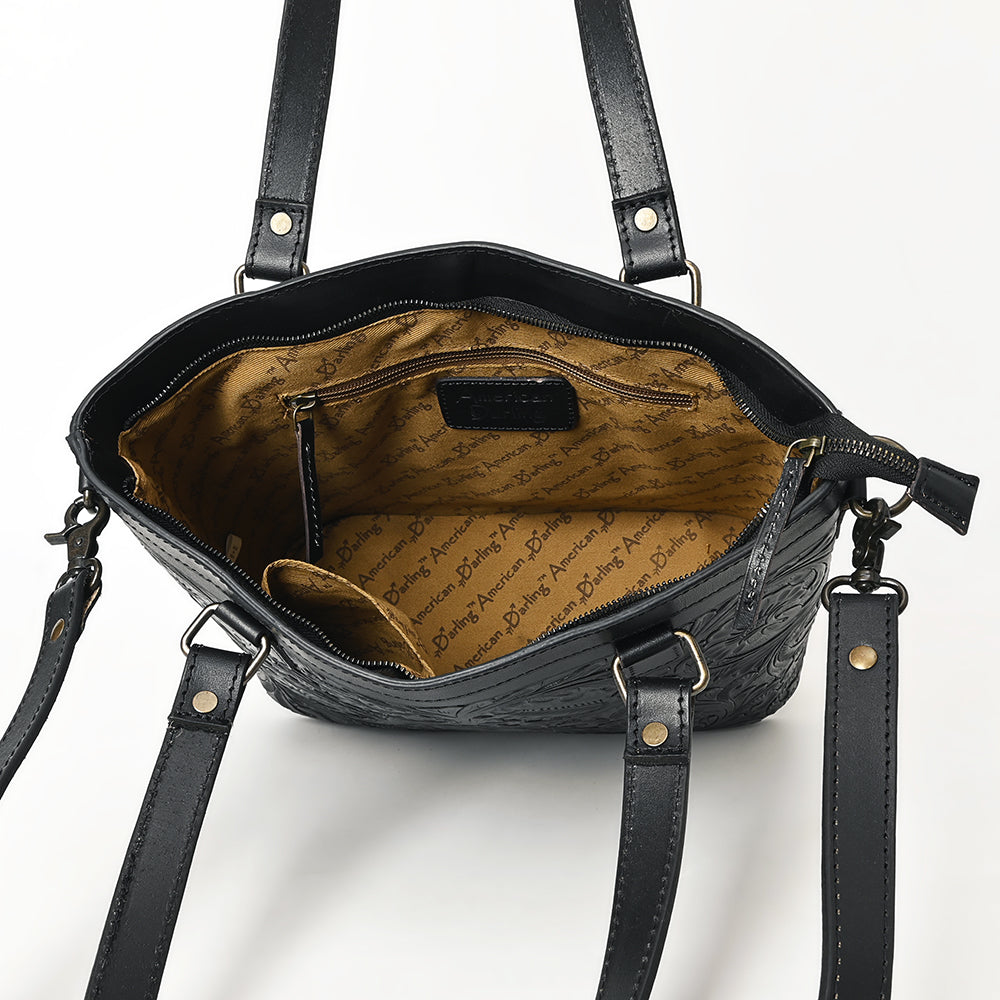 ADBGZ783A Hand-Tooled Black Leather Tote Bag - Western Floral Design with Detachable Strap