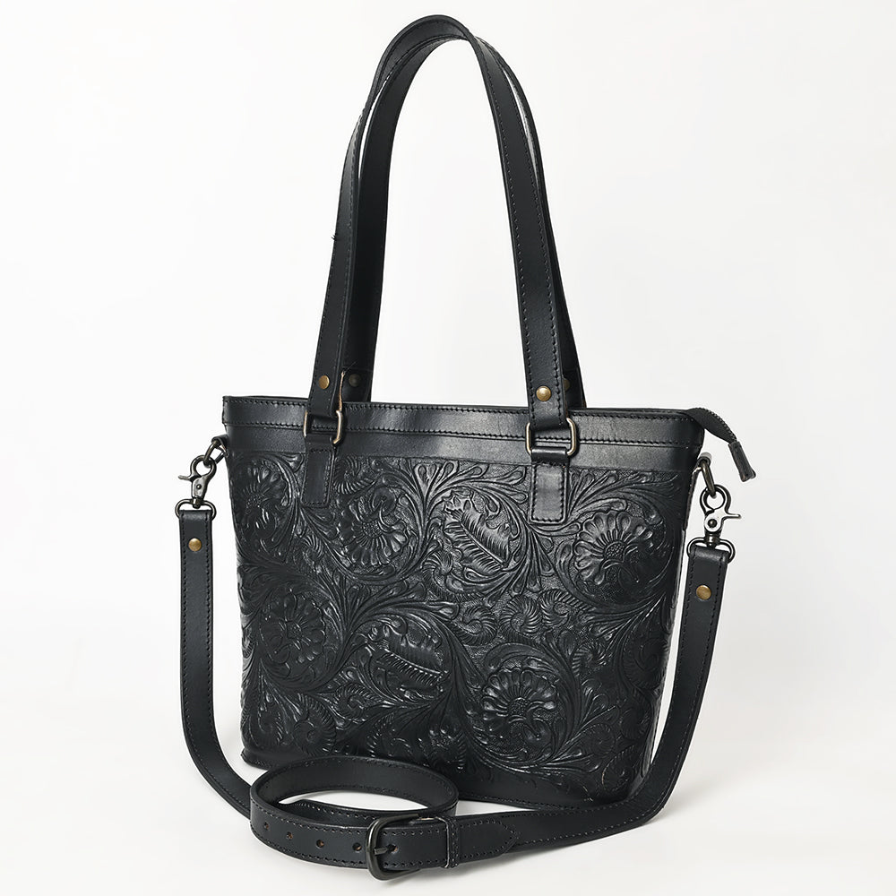 ADBGZ783A Hand-Tooled Black Leather Tote Bag - Western Floral Design with Detachable Strap