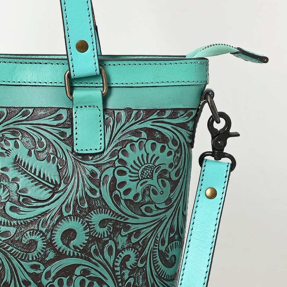ADBGZ783 Hand-Tooled Turquoise Leather Tote Bag - Western Floral Design with Detachable Strap