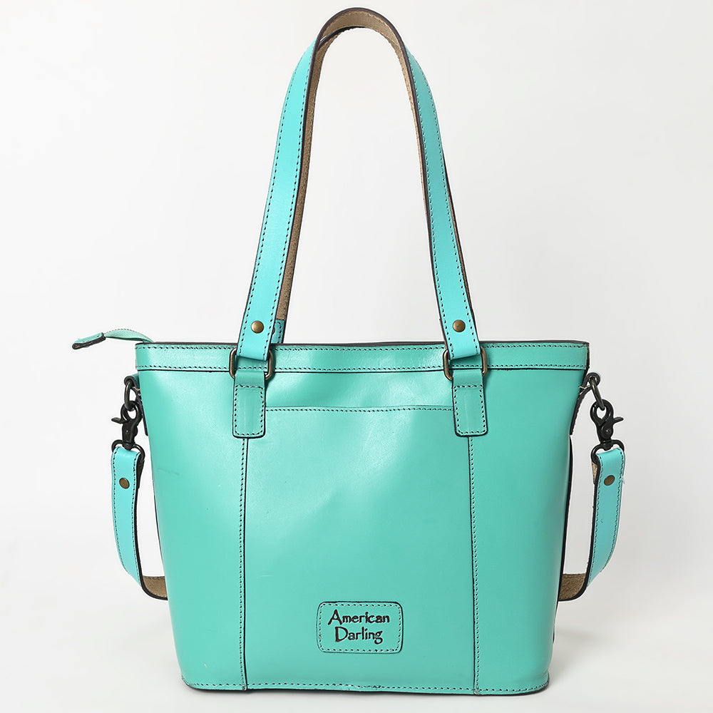 ADBGZ783 Hand-Tooled Turquoise Leather Tote Bag - Western Floral Design with Detachable Strap